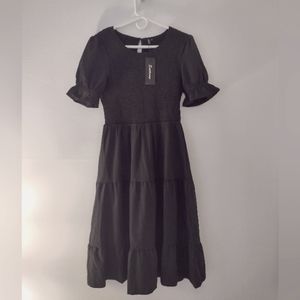 Black Smocked Midi Dress